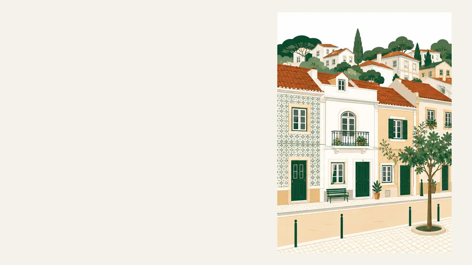 Rua de bairro portuguesa com casas de azulejo, varandas e telhados vermelhos