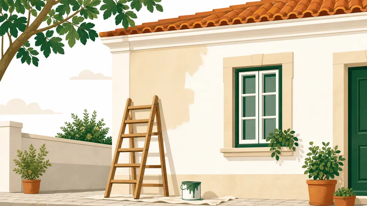 Casa portuguesa em manutenção com escadote e lata de tinta