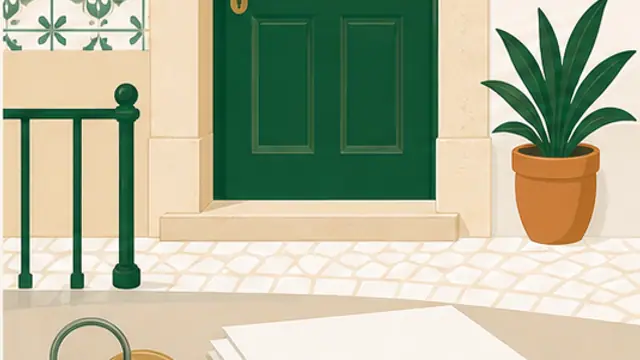 Entrada de casa com chave e contrato de arrendamento